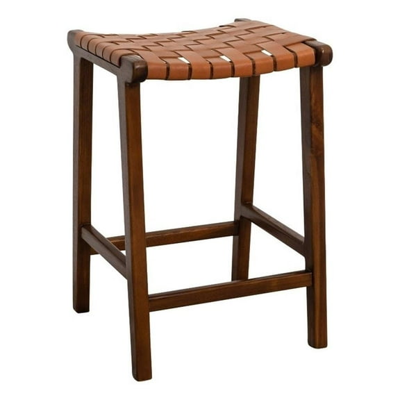 Pemberly Row Genuine Leather Upholstered Saddle Counter Stool in Tan