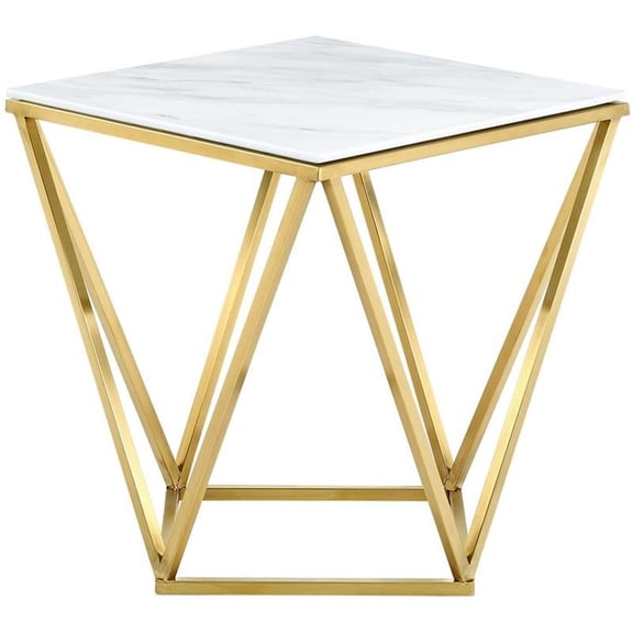 Pemberly Row Genuine Marble End Table in Gold with Stainless Steel Base