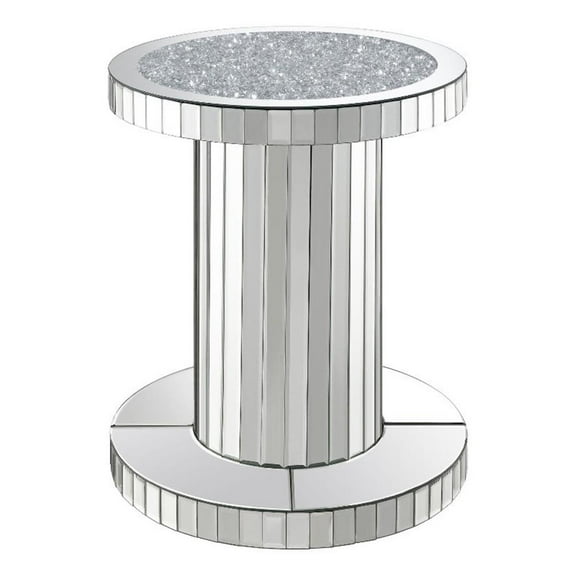 Pemberly Row Glass Crystal Inlay Round Top Accent Table in Mirror