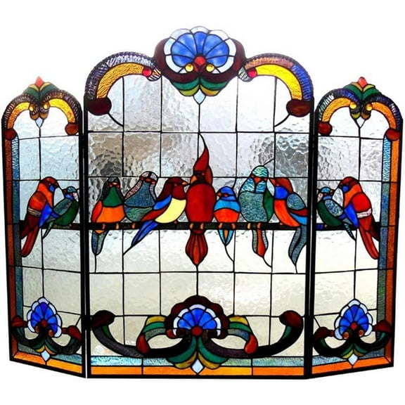 Pemberley Row Glass Multi-Colored Fireplace Screen Rectangular Victorian Design 40" Assembled