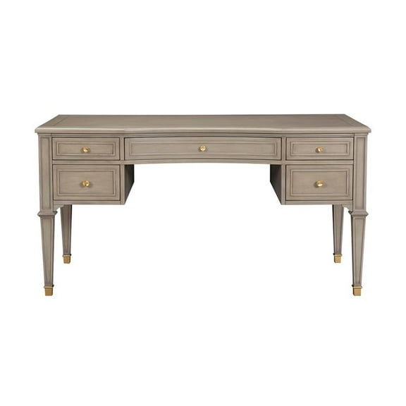 Pemberly Row Gold Accent 5-Drawer Wood Desk in Grey Cashmere