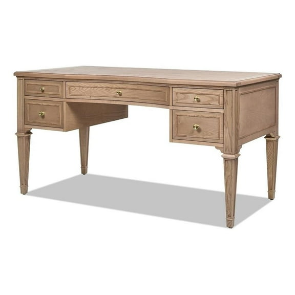 Pemberly Row Gold Accent 5-Drawer Wood Executive Desk Natural Brown Wood