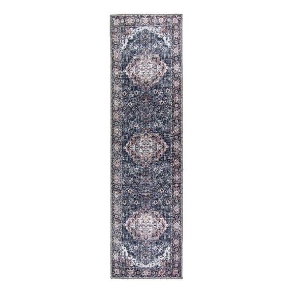 Pemberly Row Gray Distressed Washable 2 ft. x 6 ft. Fabric Runner Rug