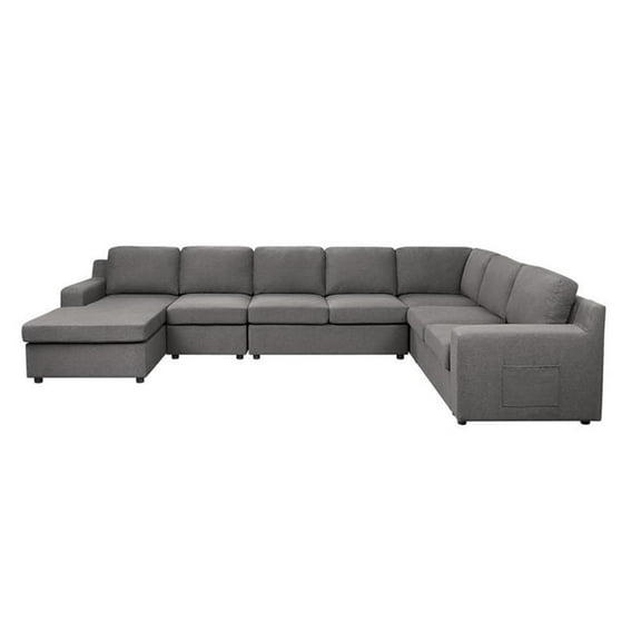 Pemberly Row Gray Fabric 7-Seater U-Shape Sectional Sofa Chaise with Pocket