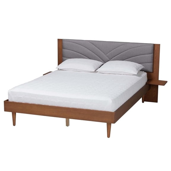 Pemberly Row Gray Fabric Brown Wood Queen Size Platform Bed With Table