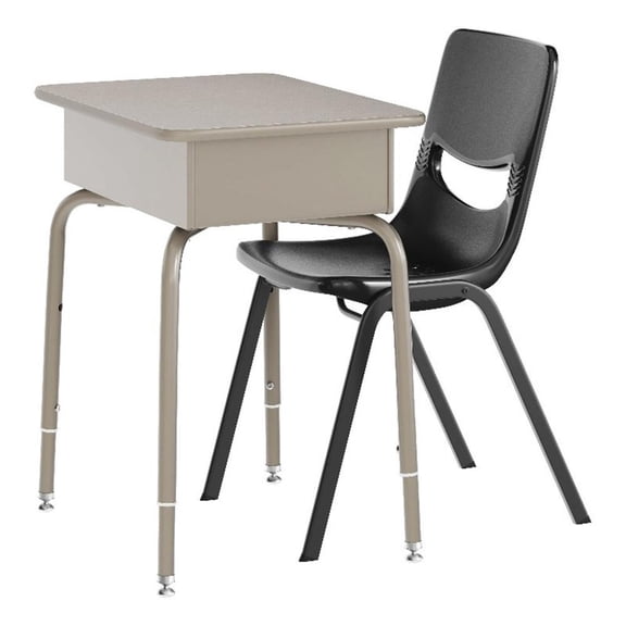 Pemberly Row Gray Granite/Silver Student Desk with Book Box and Black Chair