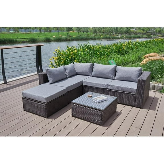 Pemberly Row Gray Wicker / Rattan Sectional with Glass top Coffee table