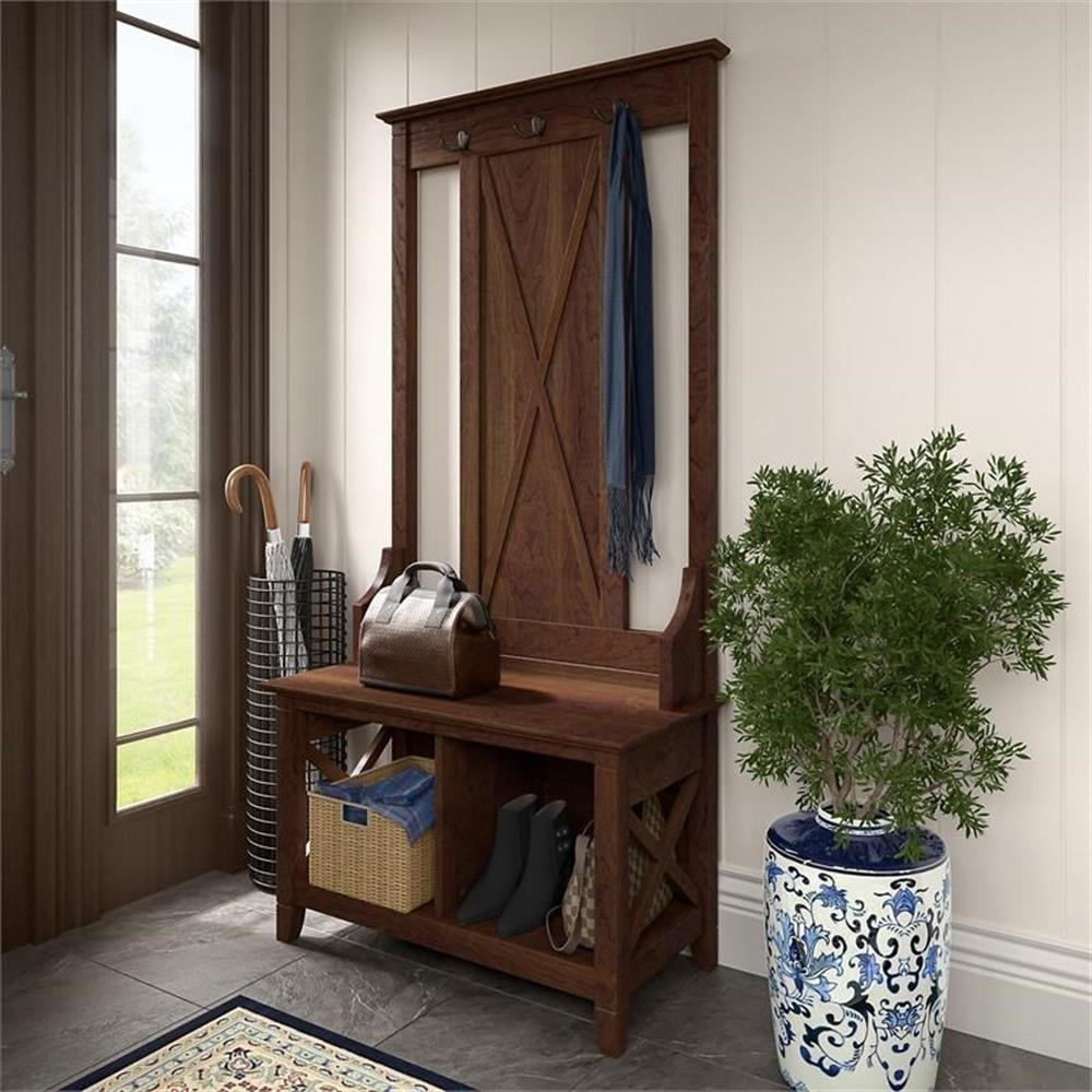 Pemberly Row Hall Tree with Shoe Storage Bench in Bing Cherry Engineered Wood