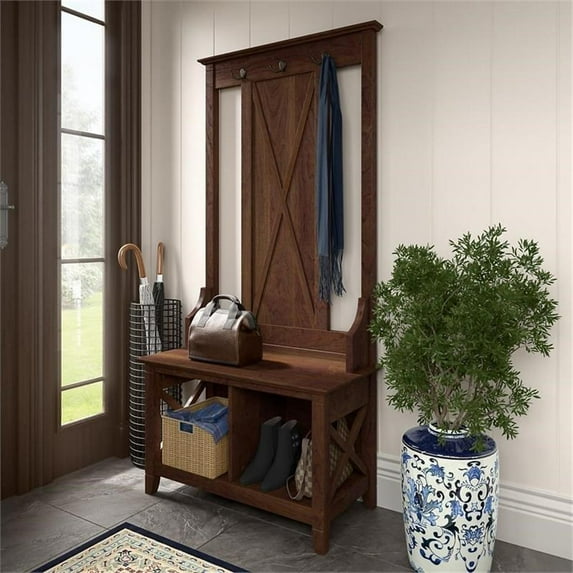 Pemberly Row Hall Tree with Shoe Storage Bench in Bing Cherry - Engineered Wood