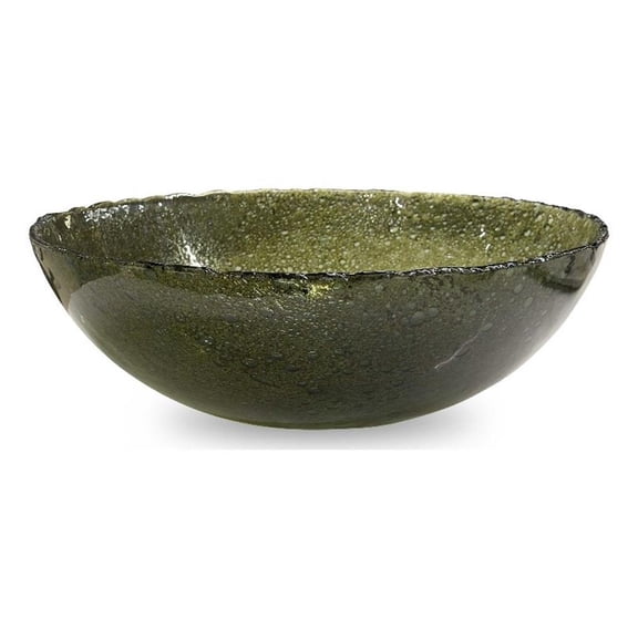 Pemberly Row Hand-Blown Earthy Mottled Glass Bowl with Ridged Rim in Green