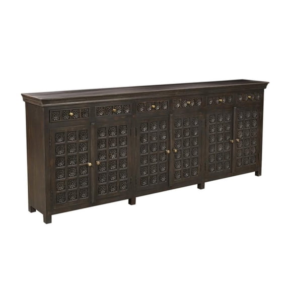 Pemberly Row Hand-Carved 105" Solid Mango Wood Sideboard in Antique Brown