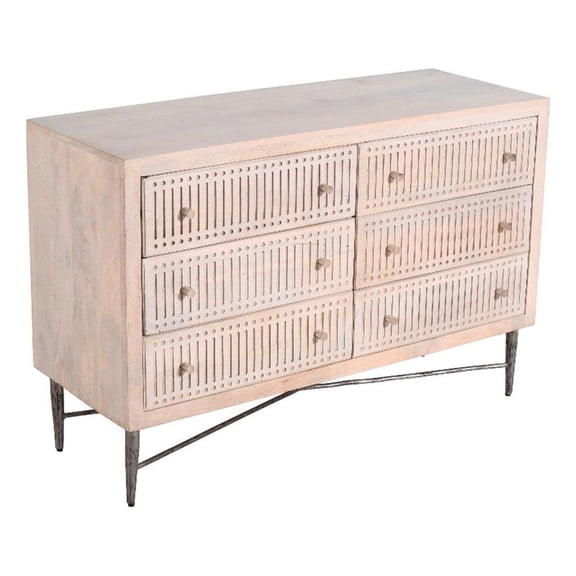 Pemberly Row Hand-Carved 6-Drawer Mango Wood Brushed Ivory Chest on Forged Iron