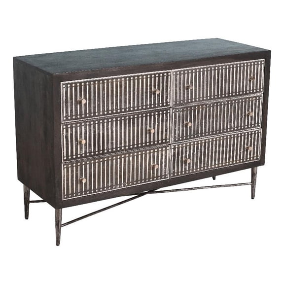 Pemberly Row Hand-Carved 6-Drawer Mango Wood Chest on Forged Iron in Brown
