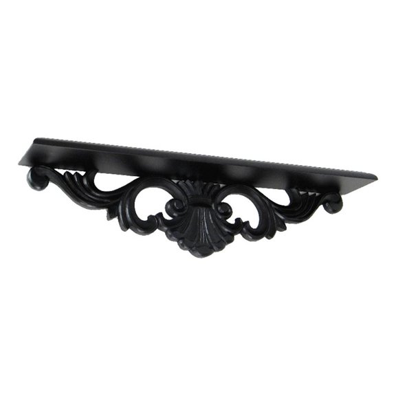 Pemberly Row Hand Carved Cedar Wall Shelf with Floral Design in Black