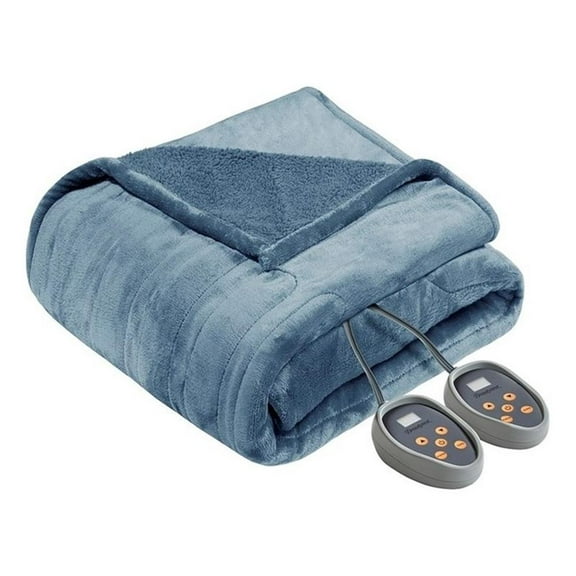 Pemberly Row Heated Microlight to Berber Blanket in Blue Queen