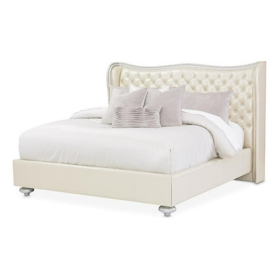 Pemberly Row Hollywood Swank Queen Tufted Leather Bed - Creamy Pearl