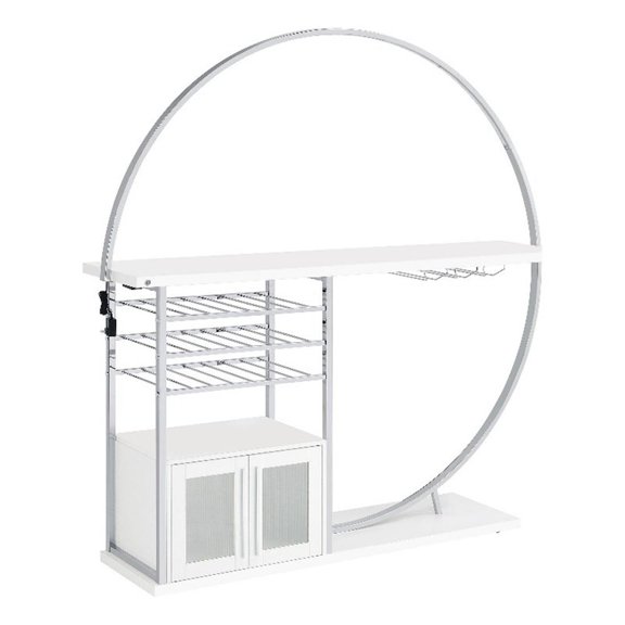 Pemberly Row Home Bar Table with LED Lighting and Wine Storage in White Chrome