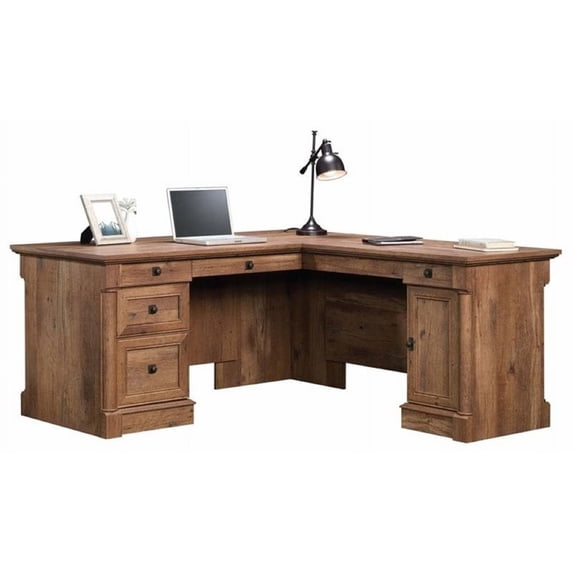 Pemberly Row Home Office L Shaped Corner Desk with Computer Tower Storage and Letter, Legal File Drawer, Vintage Oak