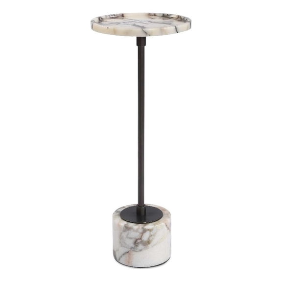 Pemberly Row Honed White Marble Round Drink Table with Iron Base