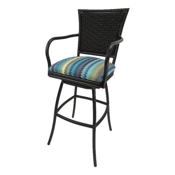 Pemberly Row Indoor 30" Bar Stool in Aqua Blue Sun Stripe Brown Frame