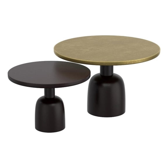 Pemberly Row Industrial Chic Cast Aluminum 2pc Round Coffee Table Set Gold Black