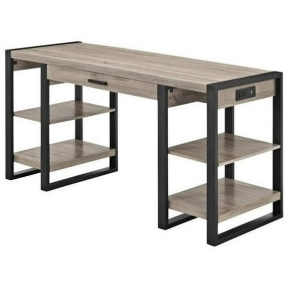 Pemberly Row Industrial Wood Home Office Computer Writing Desk with Built-In USB Port and AC Plug-in in Driftwood and Black