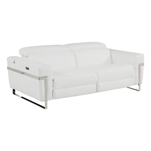 Pemberly Row Italian Leather Sofa with Power Recliner in White