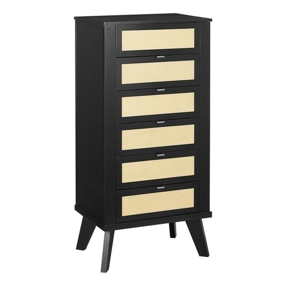 Pemberly Row Jewelry Armoire 5 Drawers/Cane Front Panels in Black Painted Wood
