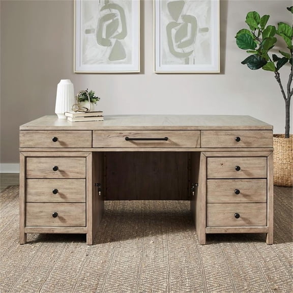 Pemberly Row Jr Executive Desk with Locking File Drawers in Brown