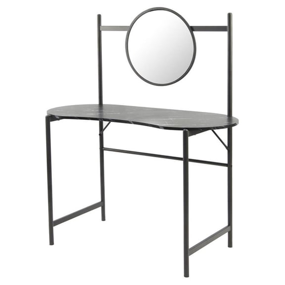 Pemberly Row Kidney-shaped Wood Writing Desk with Mirror in Marble Black