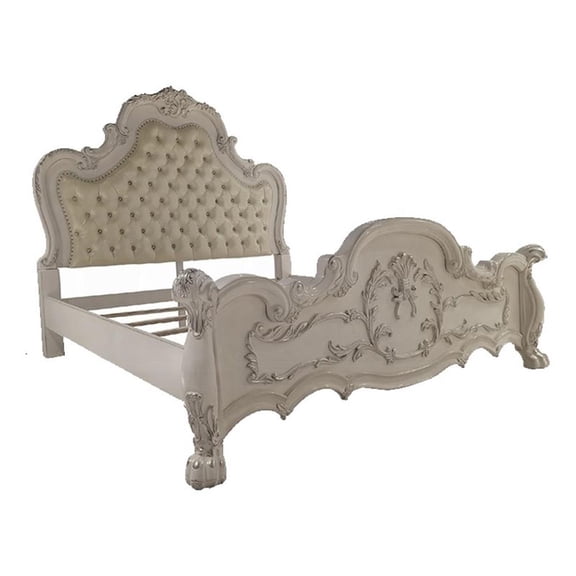 Pemberly Row King Bed Classical White Faux Leather Victorian Carved Wood