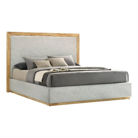 Pemberly Row King Bed with Gray Upholstered Headboard & Natural Rubberwood Frame