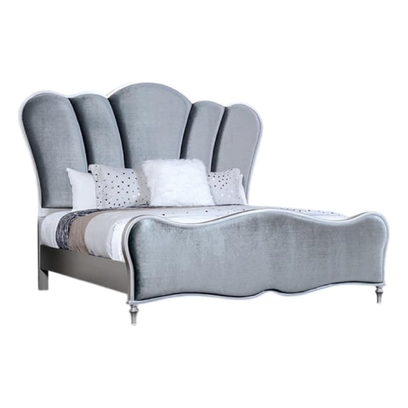 Pemberly Row King Bed with Scalloped Channel Tufted Headboard in Silver