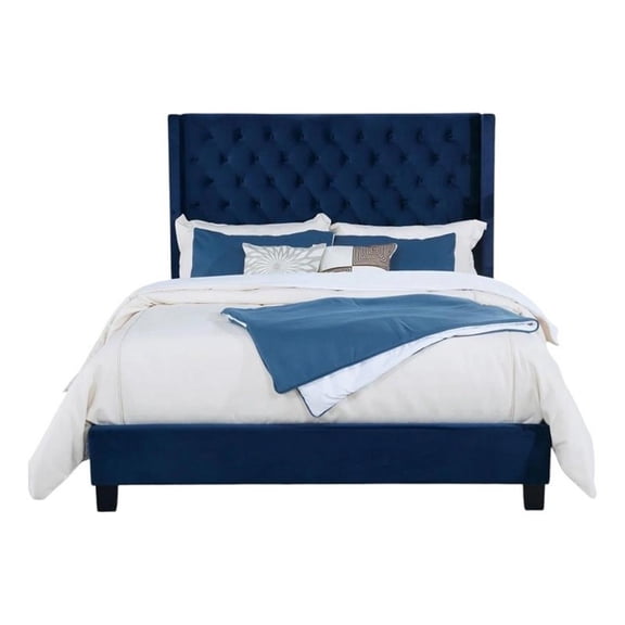 Pemberly Row King Bed with Wingback Headboard in Navy Blue Velvet
