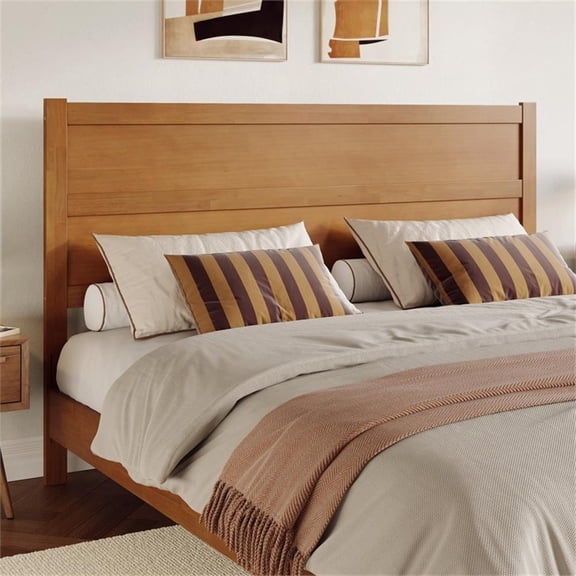 Pemberly Row King Mid-Century Panel Solid Wood Headboard in Light Toffee