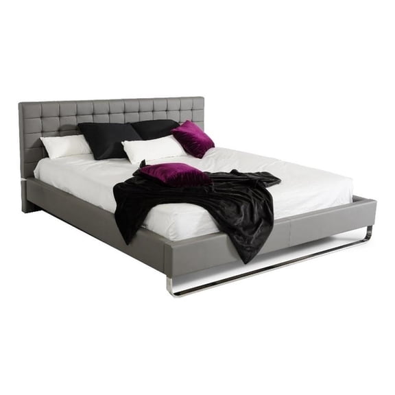 Pemberly Row King Platform Bed with Grid Tufted Headboard in Gray Faux Leather