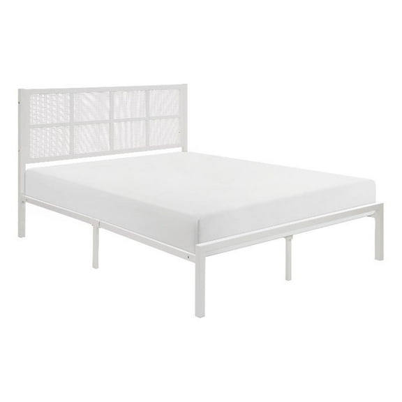 Pemberly Row King Platform Metal Bed White Faux Cane Panel Headboard