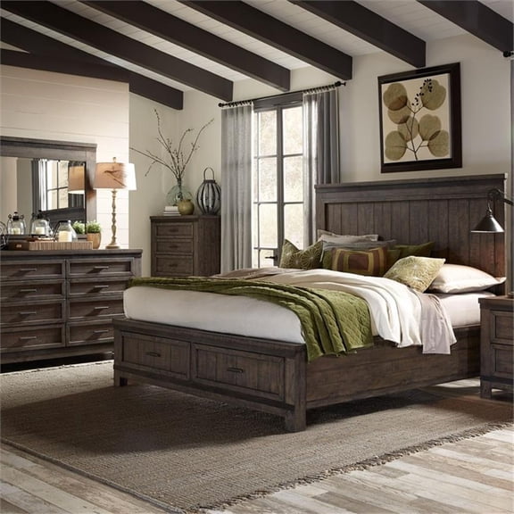 Pemberly Row King Storage Bed with Dresser and Mirror in Brown