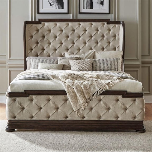 Pemberly Row King Upholstered Shelter Bed with Tufted Panel in Brown Hickory
