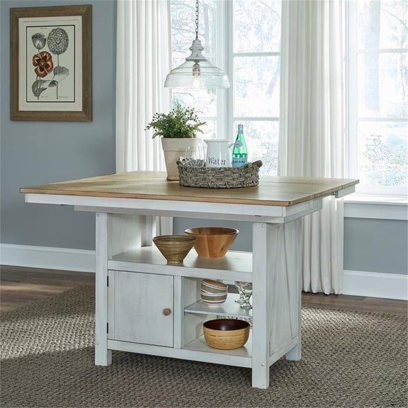 Pemberly Row Kitchen Island Table with Butterfly Leaf and Storage in White