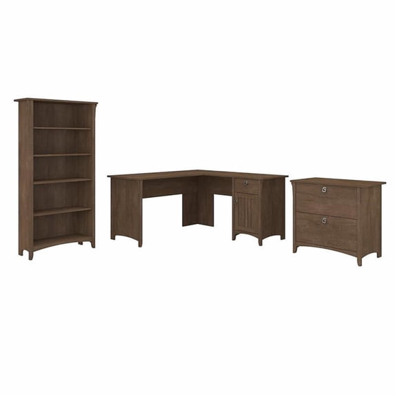 Pemberly Row L Desk with File Cabinet & Bookcase in Ash Brown ...
