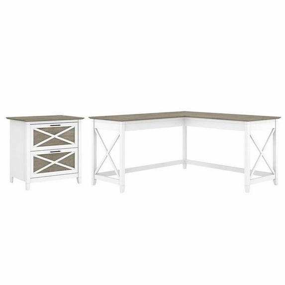 Pemberly Row L Desk with Lateral File Cabinet - White and Gray - Engineered Wood