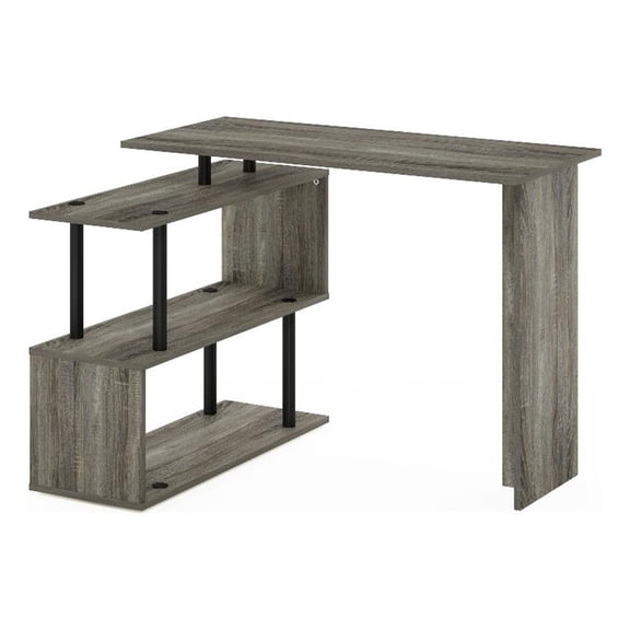 Pemberly Row L-Shape Computer Desk with 3-Tier Shelves in French Oak/Black