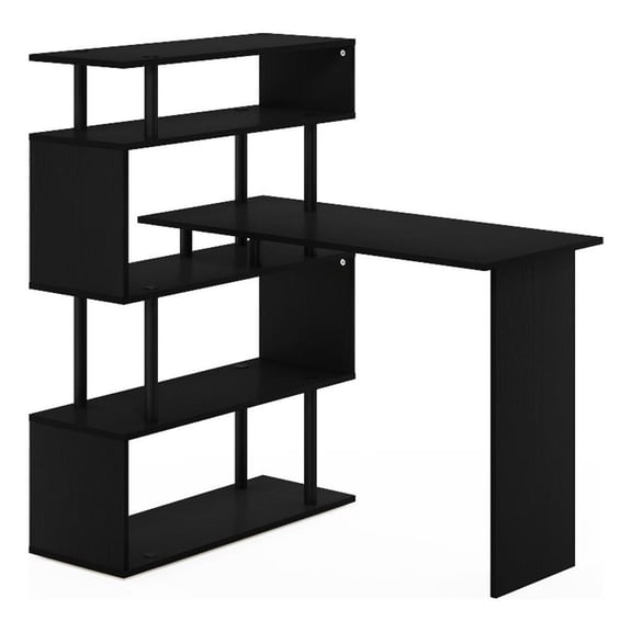 Pemberly Row L-Shape Computer Desk with 5-Tier Shelves in Americano/Black