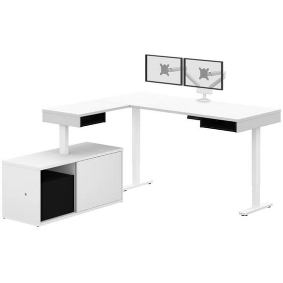 Pemberly Row L Shaped Adjustable Standing Desk with Credenza and Monitor Arms