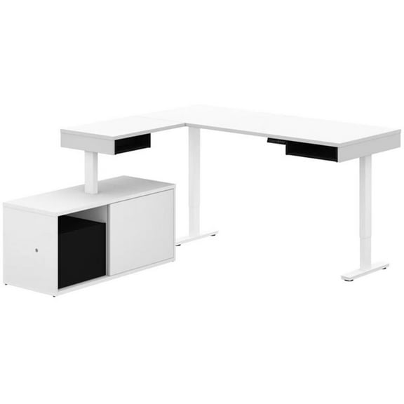 Pemberly Row L Shaped Adjustable Standing Desk with Credenza in White