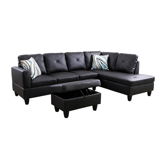 Pemberly Row L Shaped Black Couch with Ottoman(Pillows Included) Microfiber