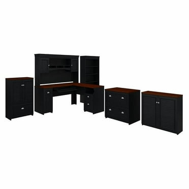 Pemberly Row L Shaped Desk with Hutch and Storage Set in Black - Engineered Wood