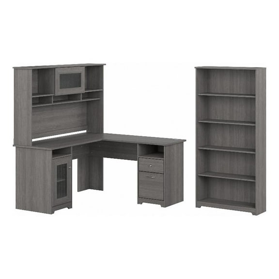 Pemberly Row L-Shaped Wood Desk with Hutch and Bookcase in Modern Gray