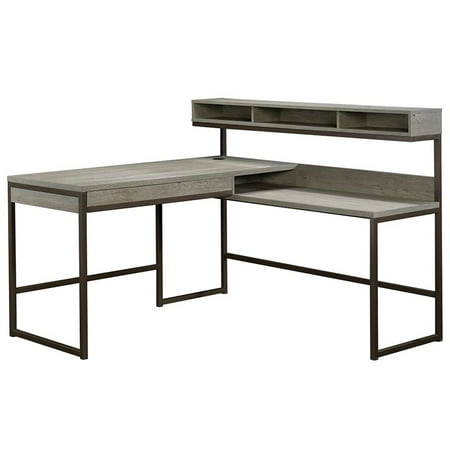Pemberly Row Engineered Wood L-Shaped Writing Desk in Mystic Oak/Brown